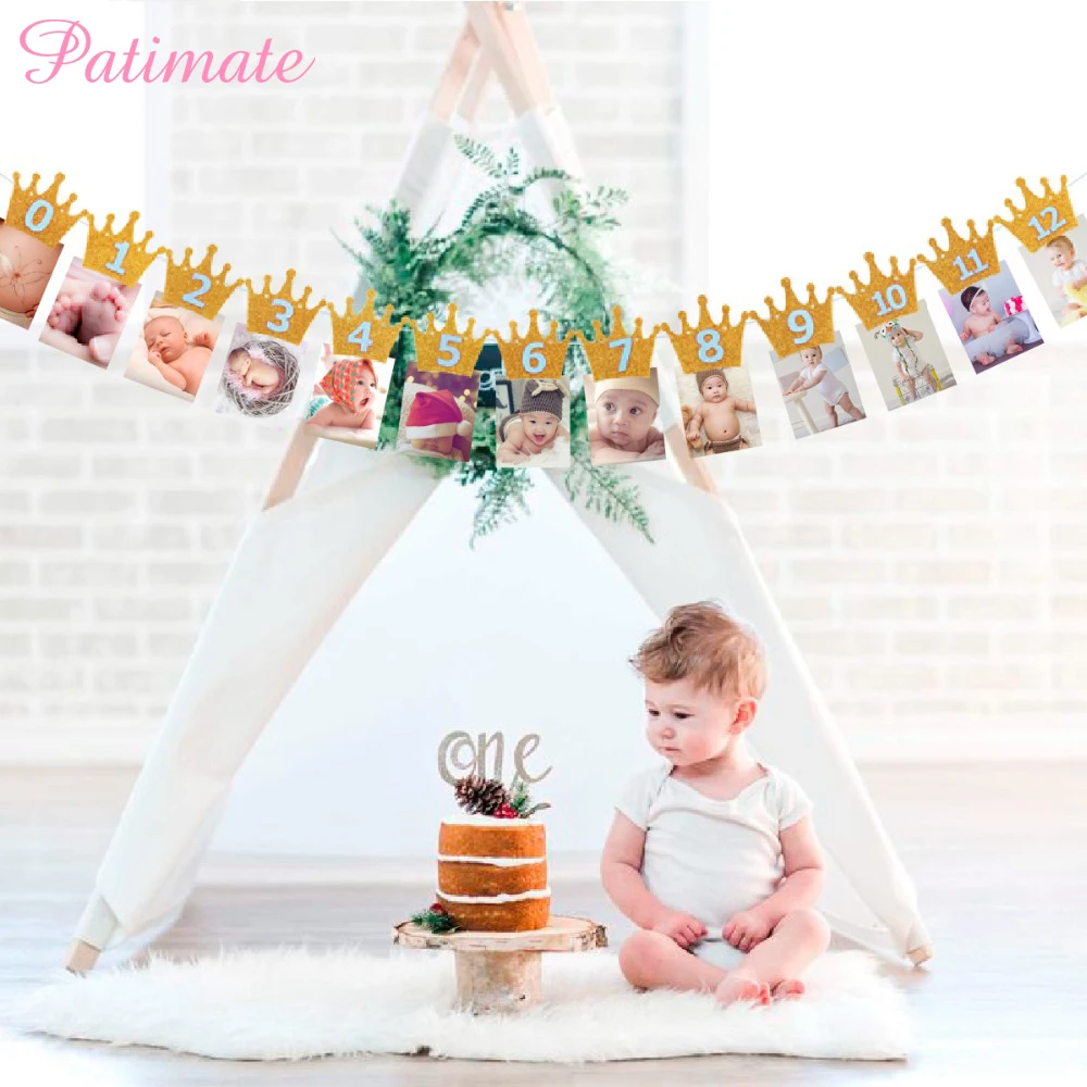

PATIMATE 1st Birthday Baby Banner Flag Monthly ONE Year Bunting Garland Baby Shower Boy Girl First Birthday Party Decorations