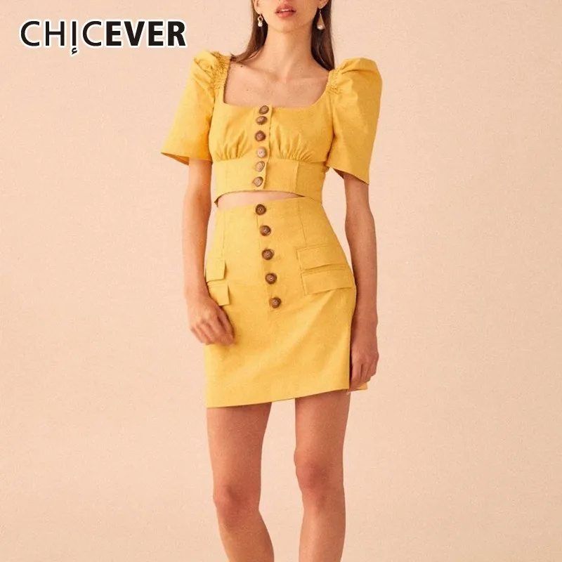 CHICEVER/Винтажный Однотонный женский костюм с квадратным воротником пышными