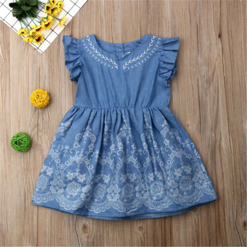 Cute Summer Dress For Girls Fashion Toddler Baby Kids Girls Causal Denim Dress Floral Printed Blue Dresses Clothes New Vestidos