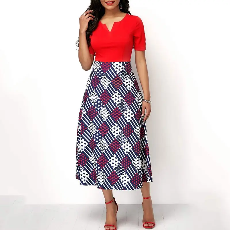

Plaid Print Elegant African Plus Size Dress Women Purple Fashion Summer Vintage A Line Sexy Blue Casual High Waist Midi Dresses