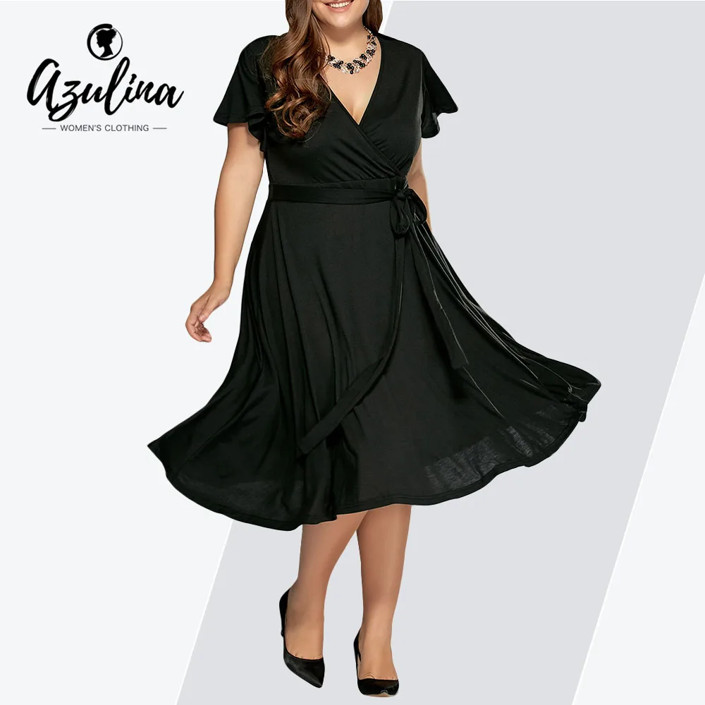 

Rosegal Plus Size Low Cut Surplice Front Tie A Line Dress Women Dresses Solid Color V-Neck Short Sleeve Dress Vestidos Big Size