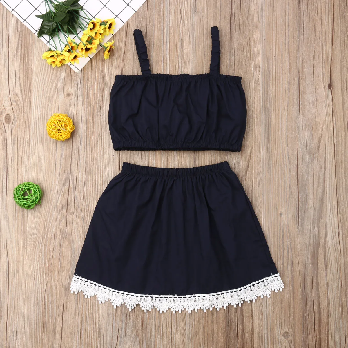 Комплект летней повседневной одежды для девочек кружевной синий кроп топ без