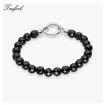 

Bracelet Strand Classic with Black Onyx Beads, 925 Sterling Silver Fashion Jewelry Pulseras Punk Gift for Men Boy Women Girls