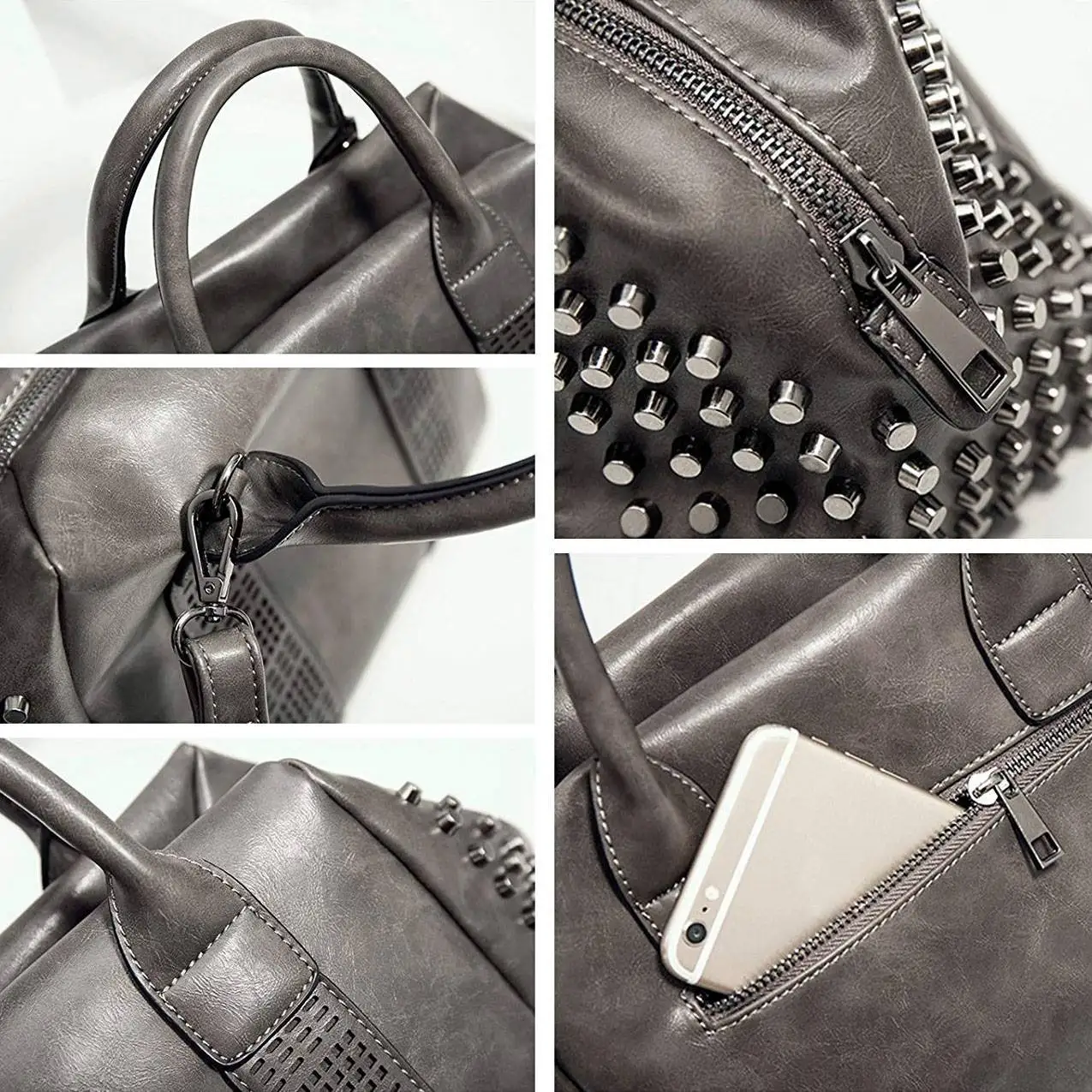 Di Gray Spalla Rivet Retro Spaziosa Tote Cuoio Dark Donne Elaborazione Satchel A Studded Dell'unità Delle Borse Handle brown Borsa Top WWfUawqvR
