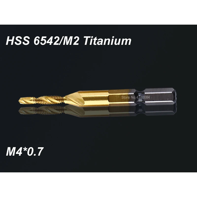 

1Pc 4MM HSS Spiral Pointed Complex Taps Titanium M2 Stainless Steel Tapping Chamfering Tool 1/4" Hex Shank Metric M4*0.7