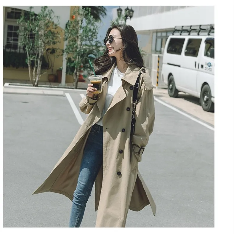 Décontracté À Automne Nouveau vent Turn down Collar Manches 2018 Kaki Vêtements Coupe Léger Coupe Longues Ceintures Lâche Mode Longue Trench coat 29IDHYWE