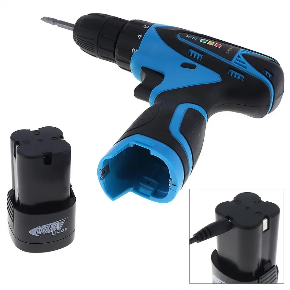 

16.8V Electric Screwdriver with 2 Li-ion Batteries and Two-speed Adjustment Button for Handling Screws / Punching