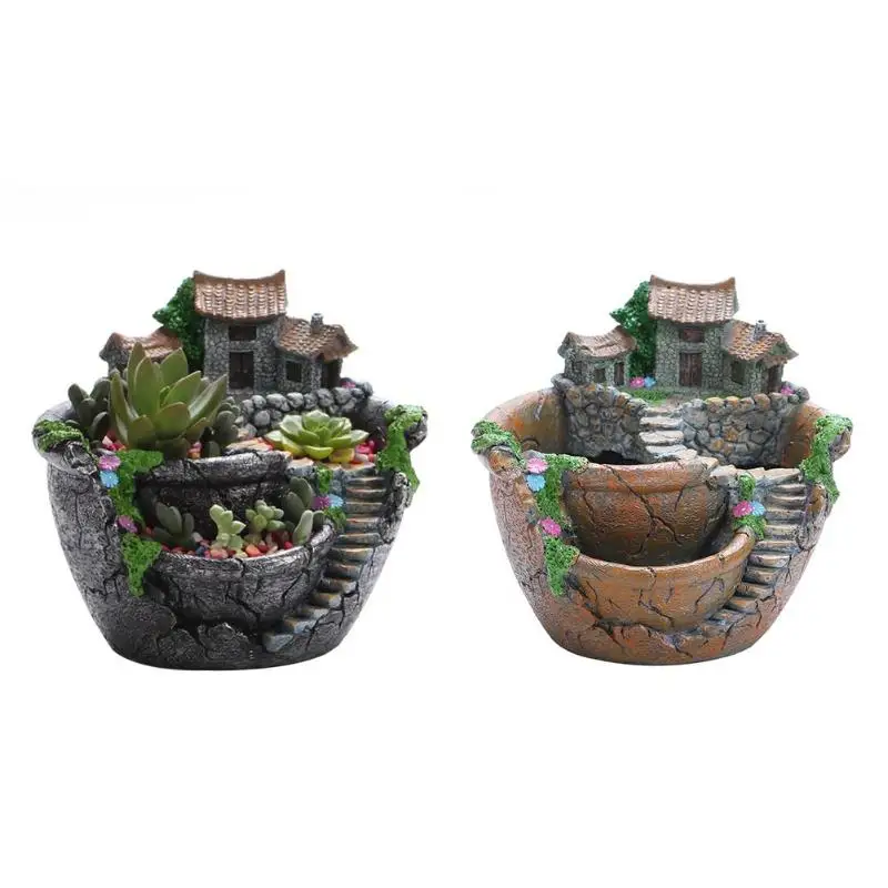 

Pastoral Resin Flowerpot Succulent Plants Planter Desktop Potted Holder Home Garden FengShui Decoration Mini Bonsai Pots