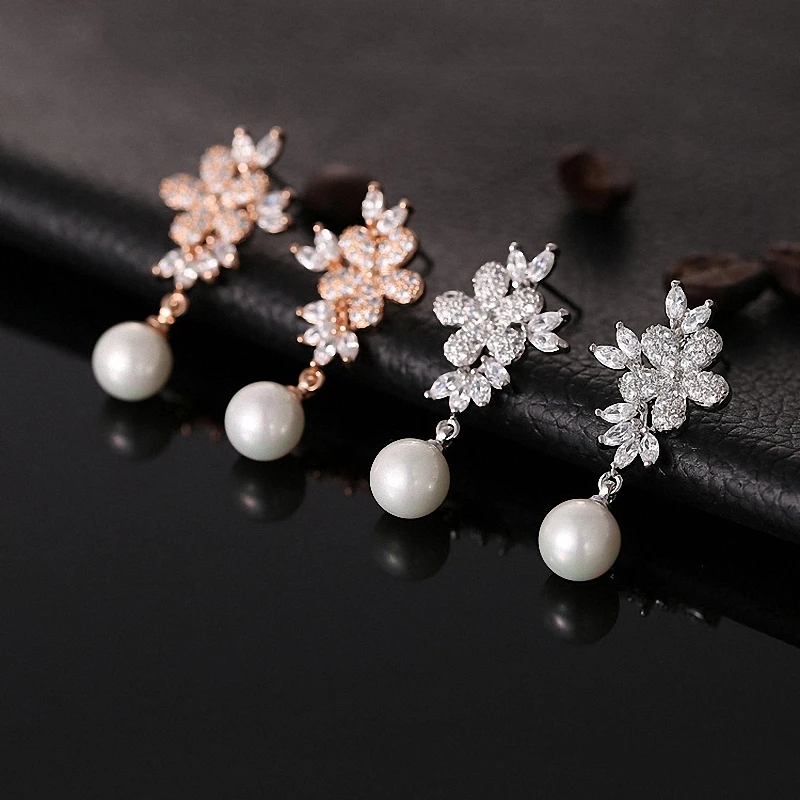 

Rose Gold Color Earrings AAA Cubic Zirconia Plant Design Fashion Dangle Earring Wedding Bridal Piercing Ear Pins Jewelry Gifts