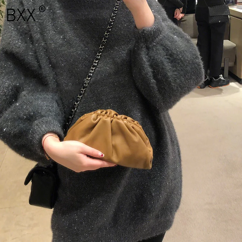 

[BXX] Simple Vintage Pu Soft Leather Flap Handbag Luxury Women Shoulder Messenger Bag Evening Pleated Clutch Purse Bags HE342