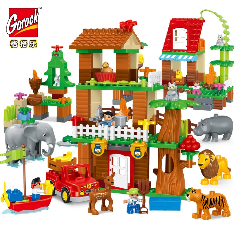 Baratos 3 juegos de bloques de construcción duplo juegos de bloques de animales de selva de gran tamaño DIY iluminar ladrillos compatibles figuras juguetes para bebés y niños