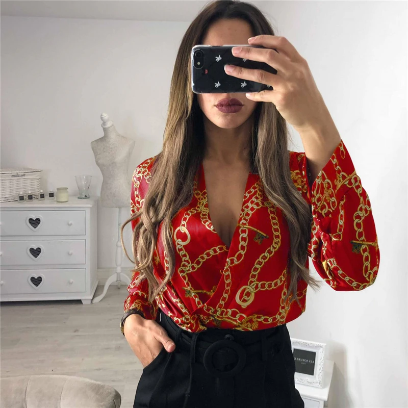 Vintage Silk Rompers Womens Jumpsuit Long Sleeve Chain Print Top Shirt Ladies Deep V Neck Key Printed Sexy Satin Bodysuits Vintage Silk Rompers Womens Jumpsuit Long Sleeve Chain Print Top Shirt Ladies Deep V Neck Key Printed Sexy Satin Bodysuits