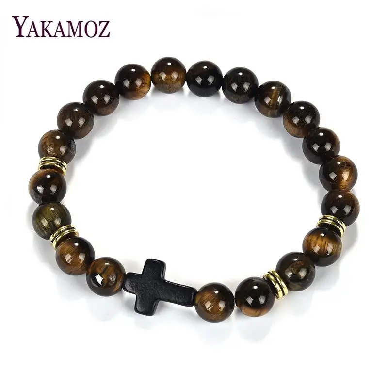YAKAMOZ Simple Classic Stone Bead Charm Cross Bracelets for Men Handmade Boho Jewelry Gift Prayer Fitness Pulseira Feminina | Украшения и