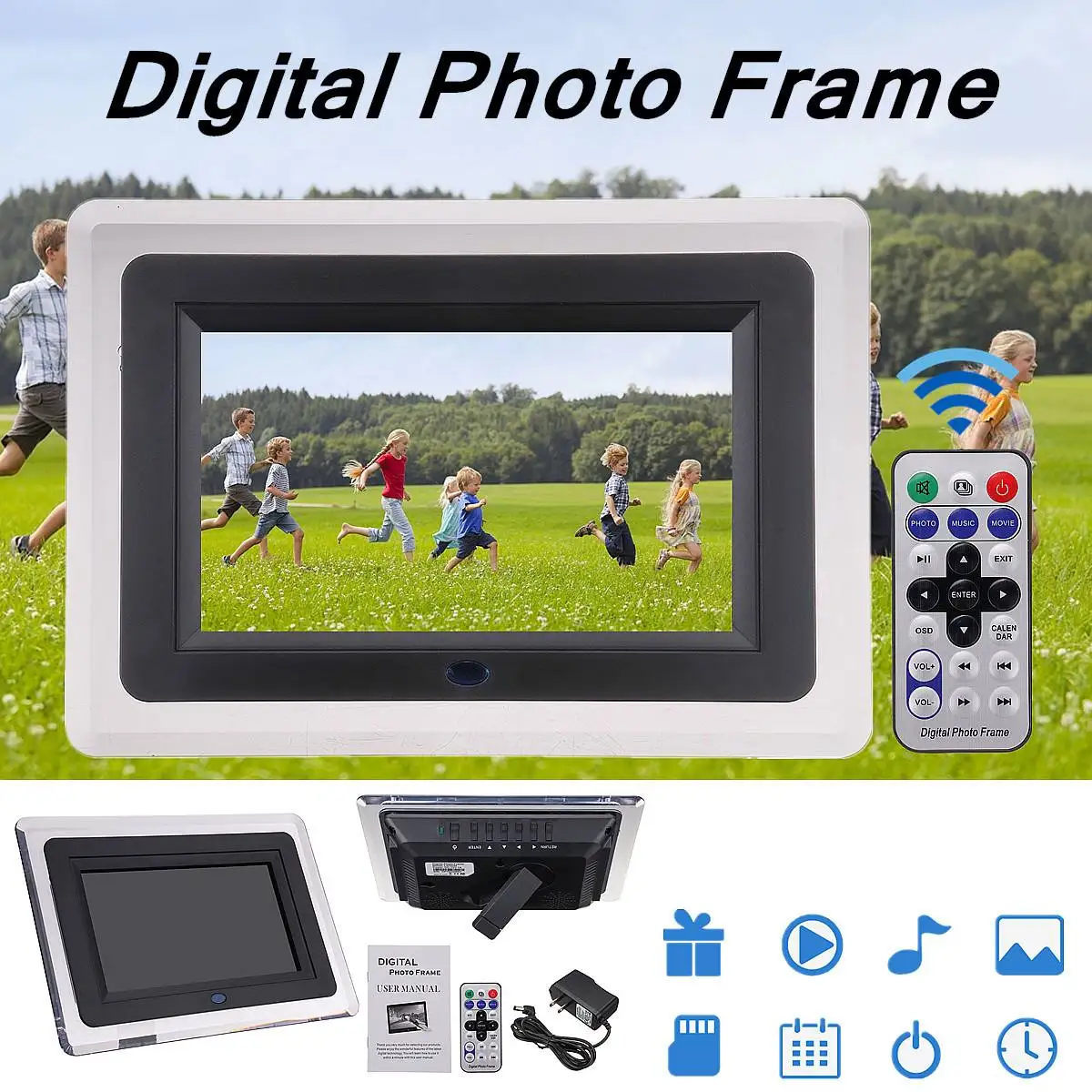 

7 inch Multi-functional LCD Digital Photo Picture Frame 23x16x3.5cm Clock Music Movie Calendar Video Player Remote Control