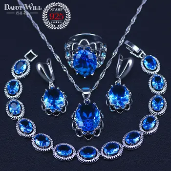 

Hot Sale Sky Blue Crystal Pendant Necklace Earrings Bracelets Ring Set silver color Elegant Jewelry Women Valentine Gifts