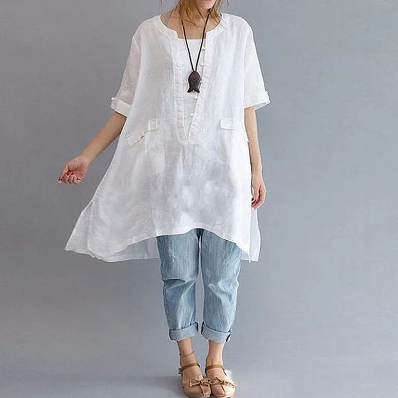 Женская хлопковая льняная Блузка Boho Свободная Повседневная футболка Асимметричные ярусные Топы