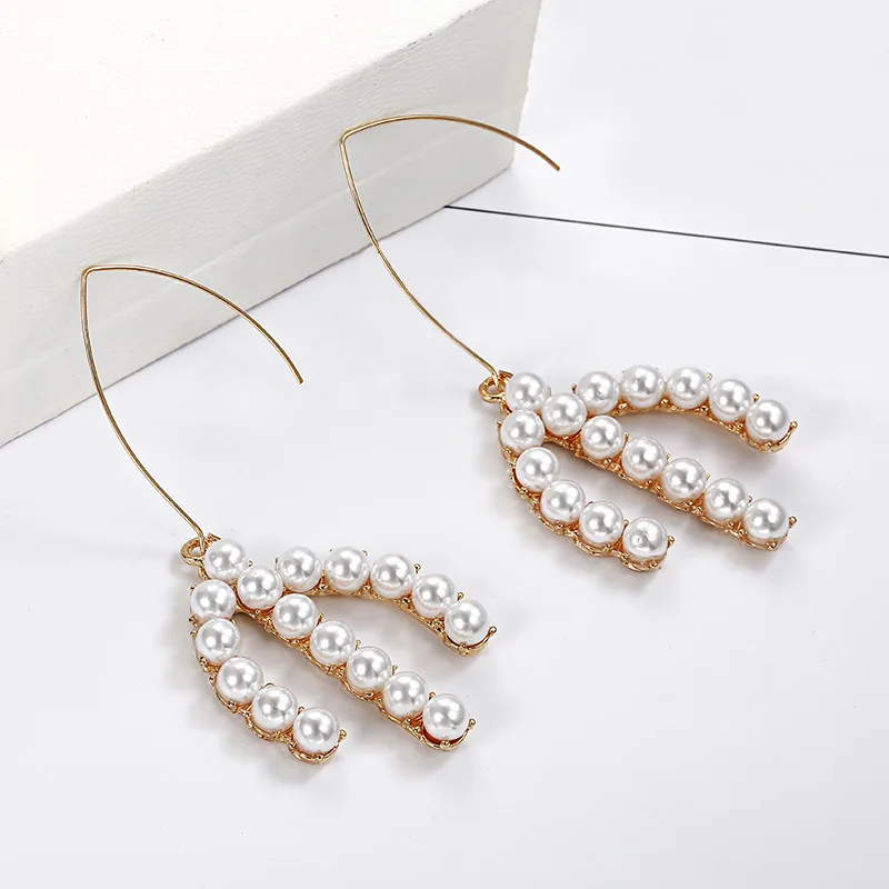 2019 New Fashion Sweet Pearl Earrings Trident Shaped Exaggerated Dangle For Women jn0492 | Украшения и аксессуары