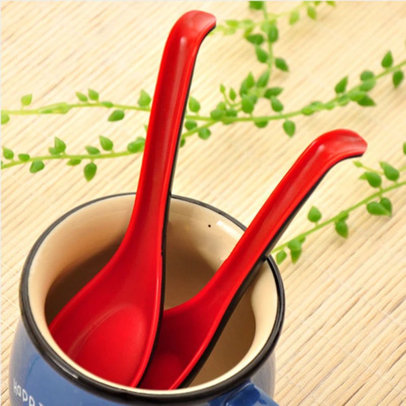 

4PCS/Set Black & Red Porridge Bowl Chinese Japanese Plastic Soup Spoons Flatware