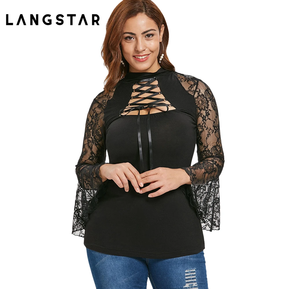 

Plus Size Lace Insert Cut Out T-Shirt Women High Collar Lace Up Long Bell Sleeve T Shirt 2018 Fashion Big Size Clothing 5XL XL