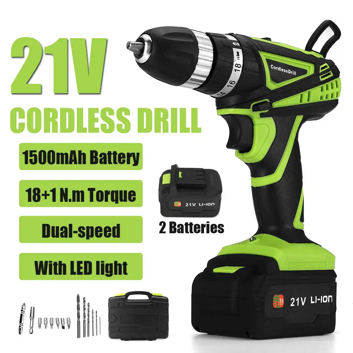 

21V Impact Electric Drill 2 Speed Screwdriver Cordless Drill Mini Driver 3/8'' 2X Li-ion Batteries Rechargeable Power Tool