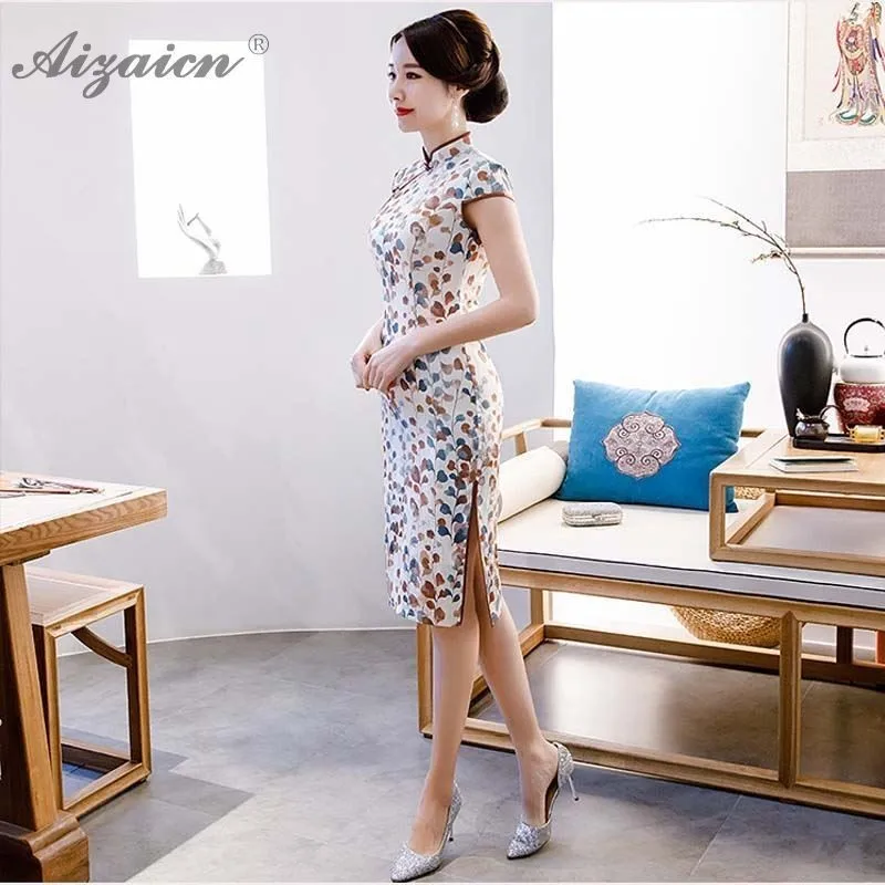 Женское китайское традиционное платье Cheongsam Элегантное Длинное Платье с принтом