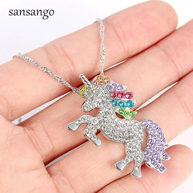 

Bling Colorful Rhinestone Cartoon Unicorn Pendant Necklace Silver Alloy Link Chain Necklace For Woman Girls