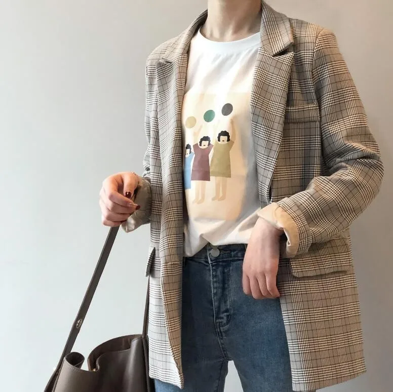 

2019 Korean Vintage Loose Plaid Blazer Double Breasted Notched Collar Female Coat Elegant Women Checker Blazer