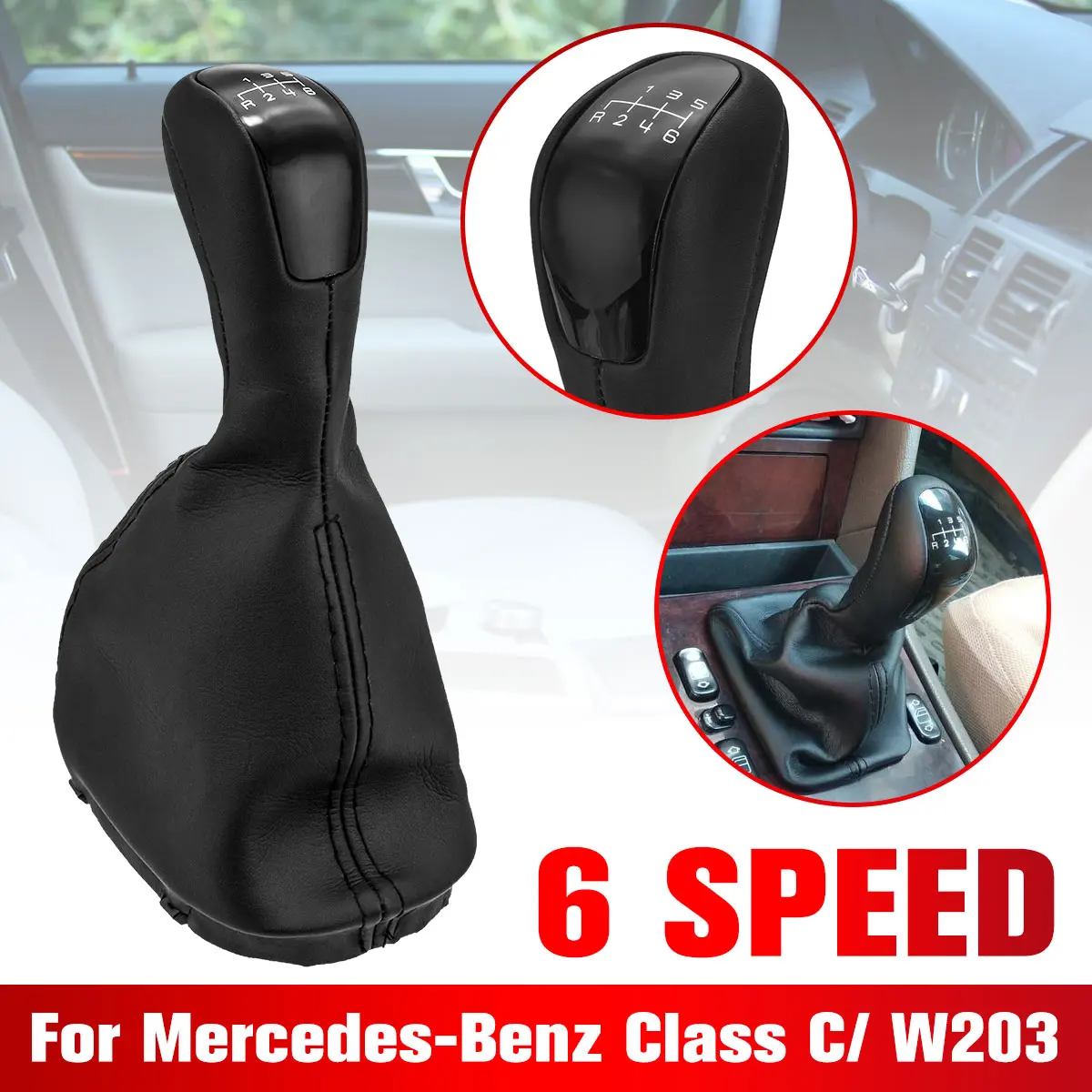 1PC 6 Speed Car Black Gear Shift Knob Leather Cover Case For Mercedes Benz Class C W203in Gear