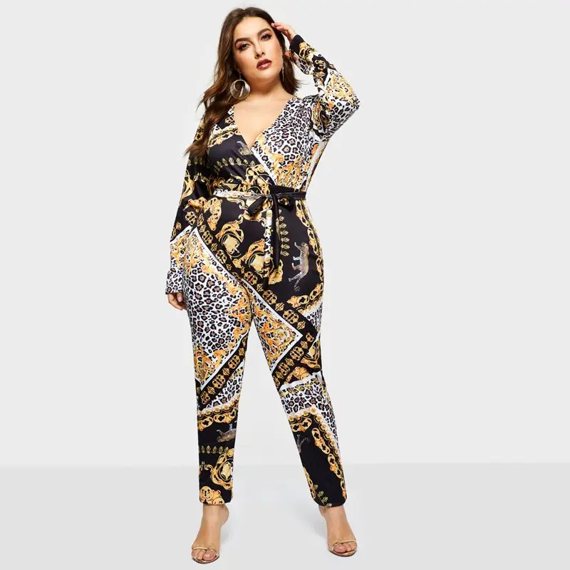 

Leopard Print Plus Size Jumpsuit Women Sexy Deep V Club Wear Spring Fashion Overall Rompers Lace Up High Waist Casual Jumpsuits