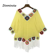 Dinminsta новые весенние женские Бохо Топы Embroidrey длинная стильная футболка с кисточками и коротким рукавом женская винтажная трикотажная одежда в стиле бохо