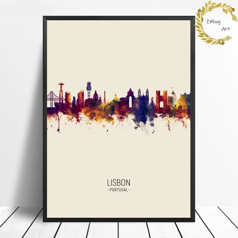 

Lisbon Portugal Skyline City Map Modern watercolor Canvas Art Print Wall Pictures for Living Room No Frame