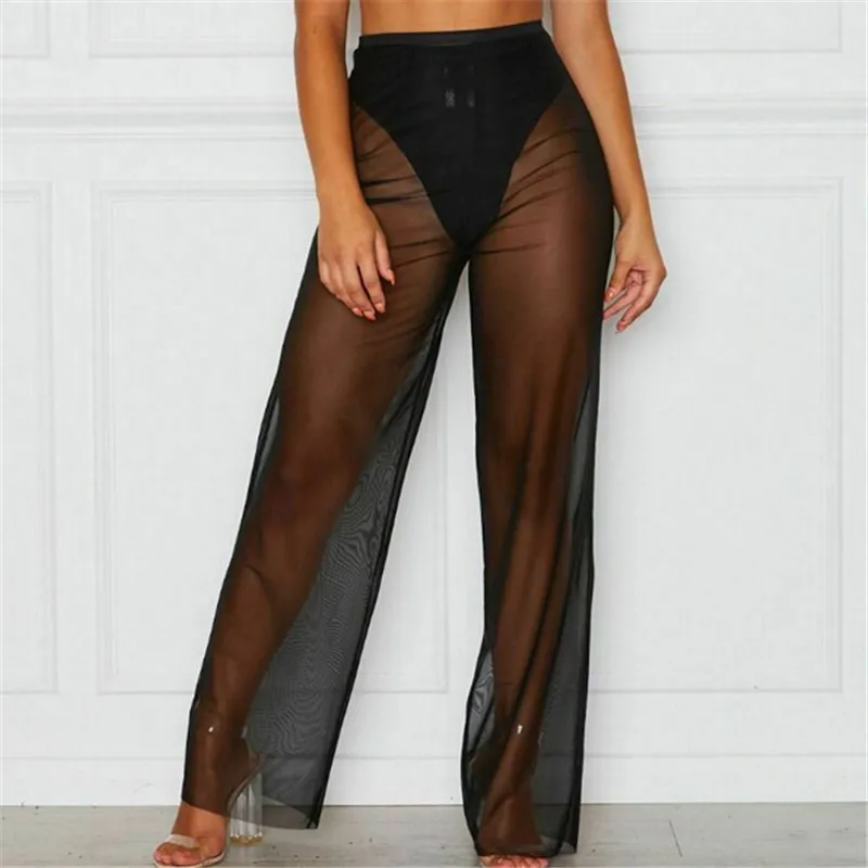 

New Summer Women Solid See Through Boho Wide Leg High Waist Trousers Beach Long Loose Mesh Sheer Wide Leg Pants Hot