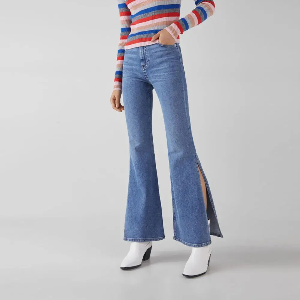 

MINSUNDA Vintage Solid Flare Hem Split Side Jeans Long Denim Trousers Women Blue Pants Capris Casual Mid Waist Womens Jeans