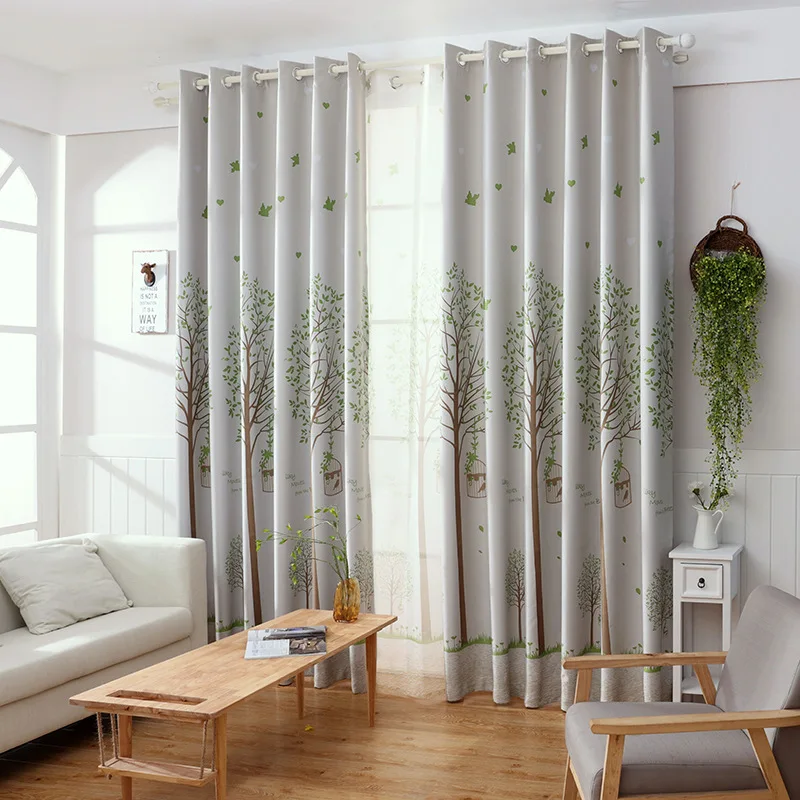 

Manufacturer Direct Fresh Pastoral Style Tree-Lined Make Bird Shading Printed Curtains Bedroom Living Room Study Curtain