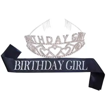 

Birthday Girl Wedding Bride Crown BIRTHDAYGIRL Ceremonial Tiara And Sash Set Party Alloy Dazzling Rhinestone Bridal Headband