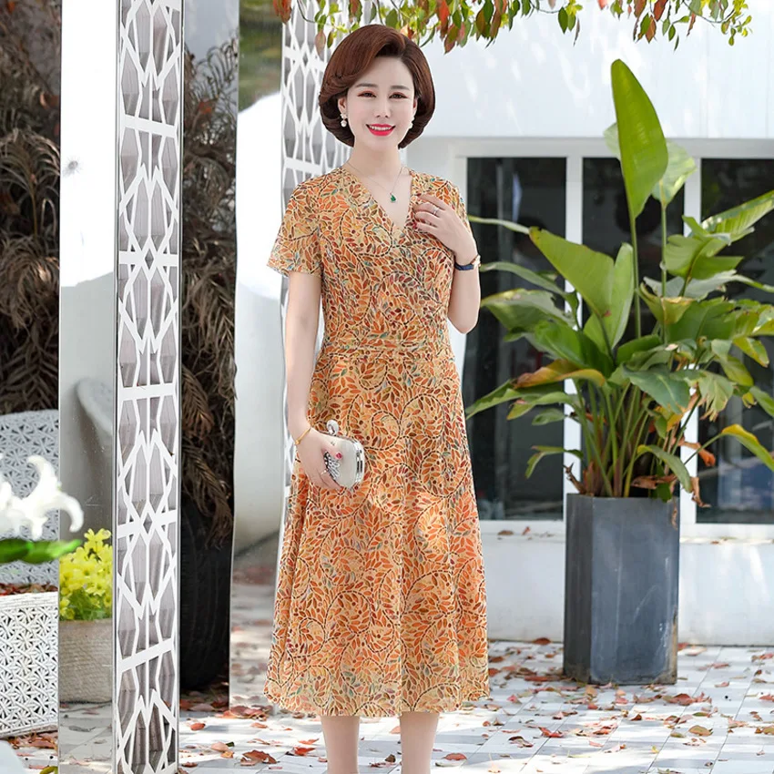 

Summer Dresses Women Short Sleeve V-neck Chiffon Dress Casual Loose Female Floral Print Party Dress Vestidos Plus Size
