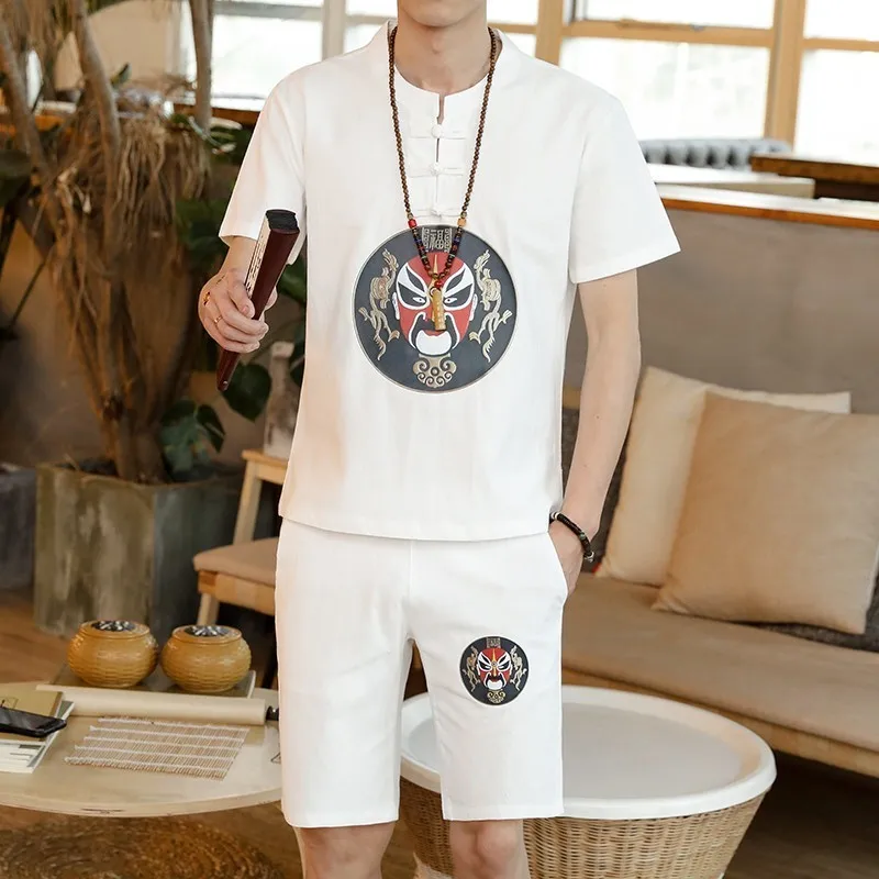 

Chinese Style Casual Tracksuit Men Set Asian Size 5xl Summer Shorts Set T Shirt + shorts Mens 2 Piece Set Cotton Short Sleeve