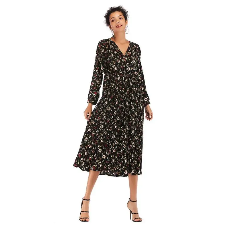 

Elegant Women V-Neck Tunic Dress Fashion Floral Print Boho Long Sleeve High Waist Swing Clothing Casual Belt Beach Dresses