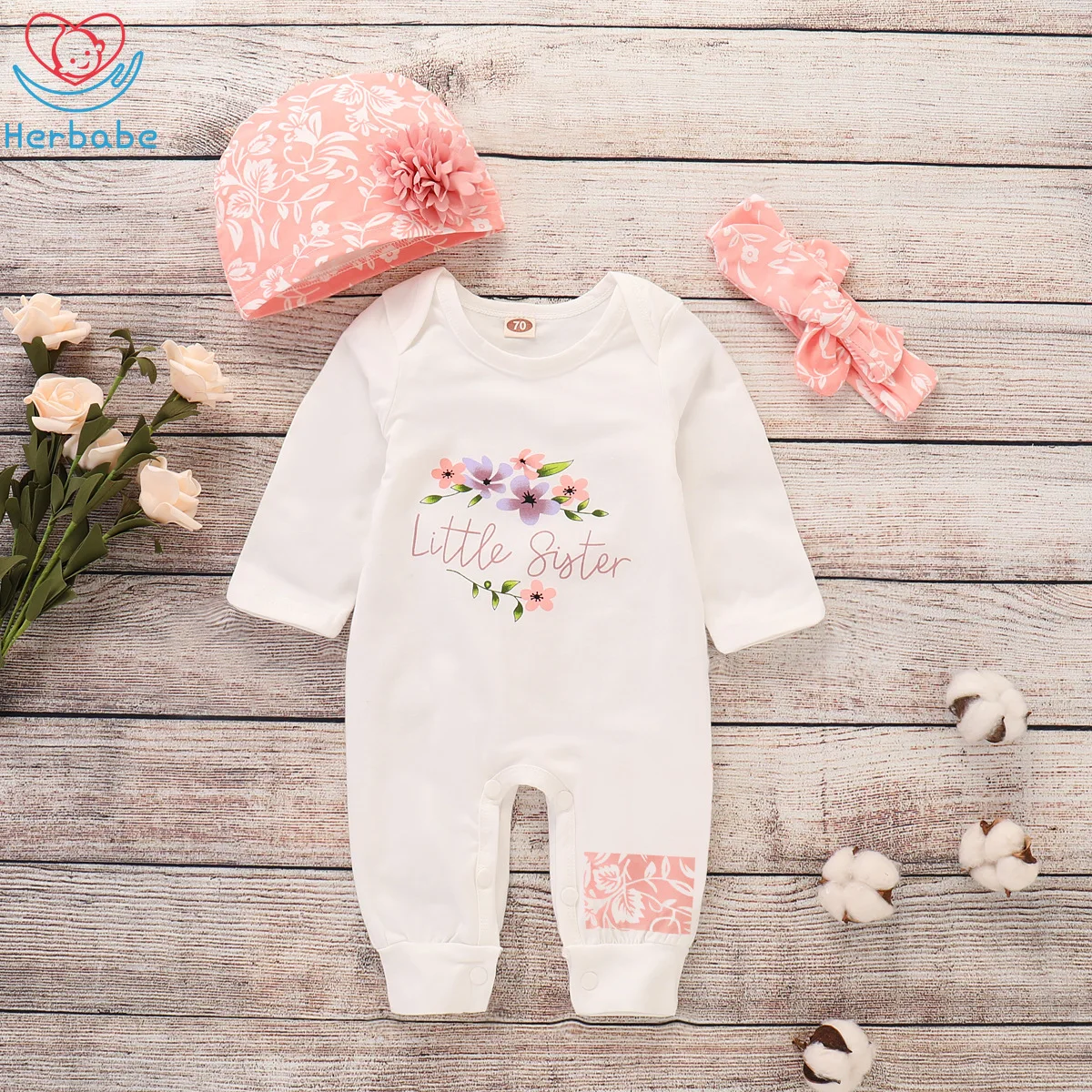 

Herbabe 3Pcs Baby Girl Clothes Set Cute Floral Print Long Sleeves Girl Romper Newborn Kid Hat Headwear Outfit Sets Baby Clothing