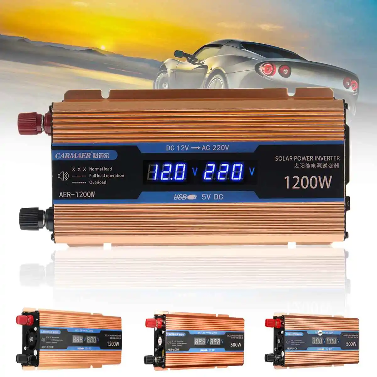 

Autoleader 500W Car Power Inverter 380W 12V 24V to 220V 50Hz 0.9A Digital Display Gold Aluminum Alloy for car truck