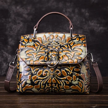 

Vintage Women Messenger Shoulder Bags Female Embossed Cowhide Totes Handbag Genuine Leather Top Handle Bags Ladies Crossbody Bag