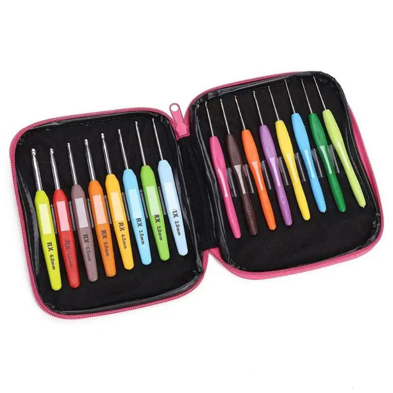 Storage Bag Colorful 16pcs/set Crochet Hooks Soft Handle Knitting Hooks DIY Weaving Tool Kit Needles With Case