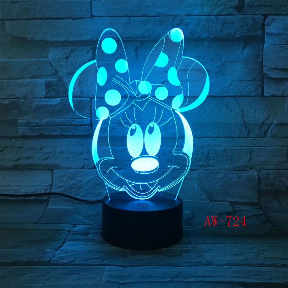 

Cartoon Lovely Minnie Mouse Head Multicolor 3D RGB LED Night Light Mixed Dual Color Change Desk Lamp Christmas Kids Gift AW-724