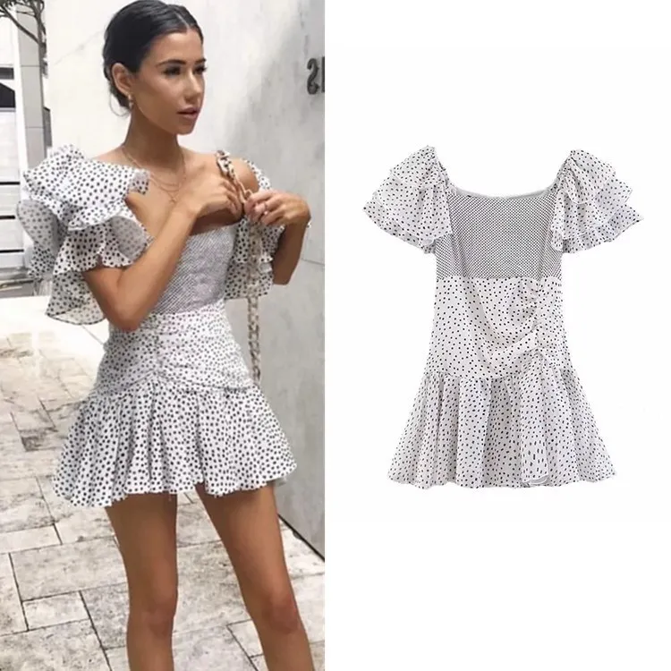 

2019 New Women Ruffled Mini Dress Summer Sexy Slash Neck Off Shoulder Polka Dot Dress Empire Holiday Beach Party Dresses