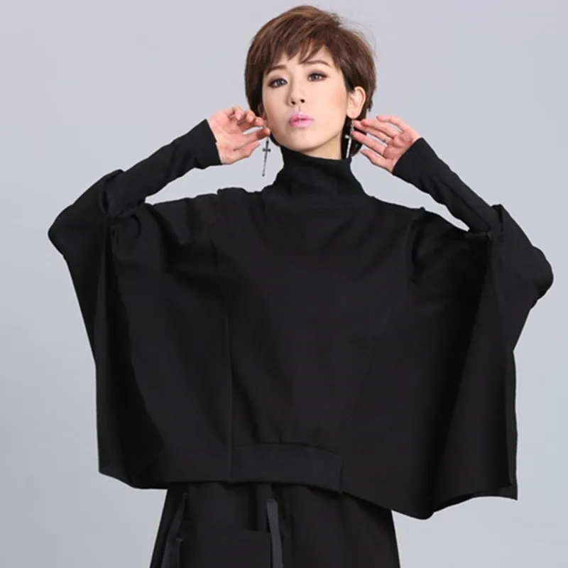 

#1455 Autumn Winter Personality Streetwear Batwing Sleeve Irregular Tops Pullover Loose Turtleneck Oversized Hip Hop Sweatshirt