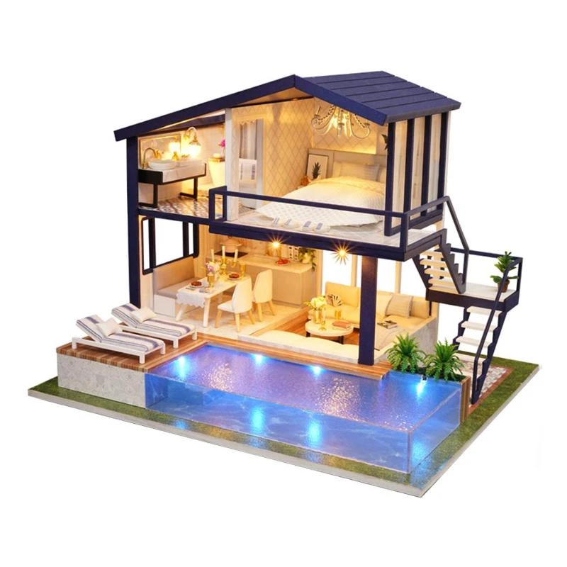 Diy 3d Wooden Dollhouse Mini House Furniture Apartment Doll Penthouse Furniture Swimming Pool Girl Kids Gift Educational Toys Doll House Accessories Aliexpress