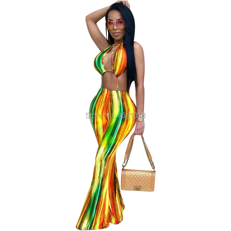 

Rainbow Striped Halter Sexy Women Jumpsuit Sleeveless Jumpsuit Club Party Playsuit Boot Cut Long Pants Overalls Rompers
