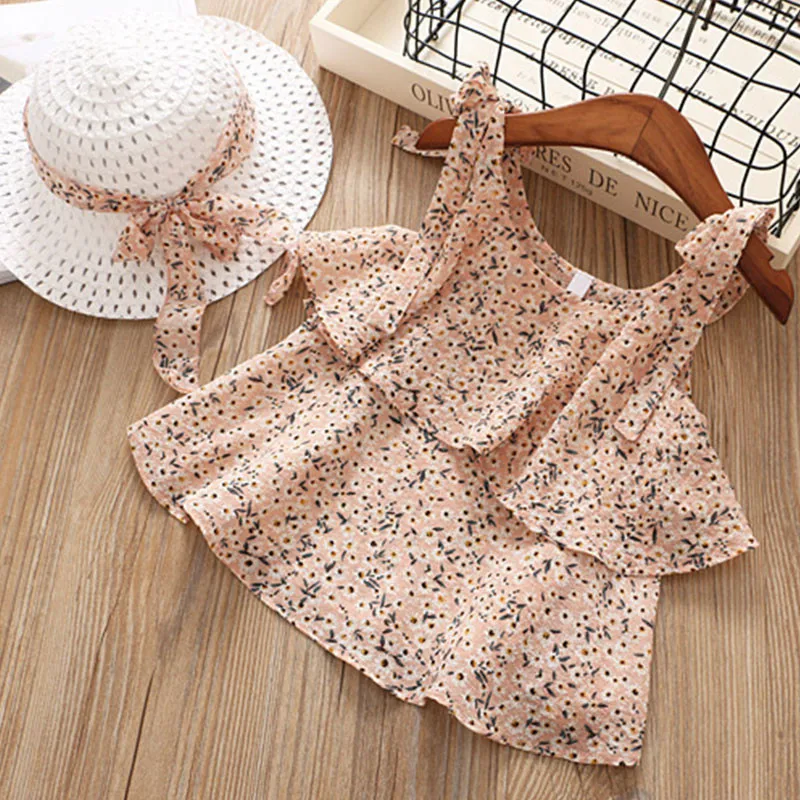 Children Summer Clothes Sets  New Style Girls Sleeveless Sling Floral Chiffon Clothes Suits And Straw Hat 3pcs Baby Clothes