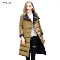 FTLZZ Women Winter New Light Thin Down Jacket Office Lady 90% Double Sided White Duck Down Jacket Overknee Warm Female Outerwear