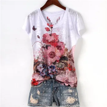 

Double floral print slim t shirt women short sleeve Plus size thin hot drilling fashion tops 2019 new arrivals